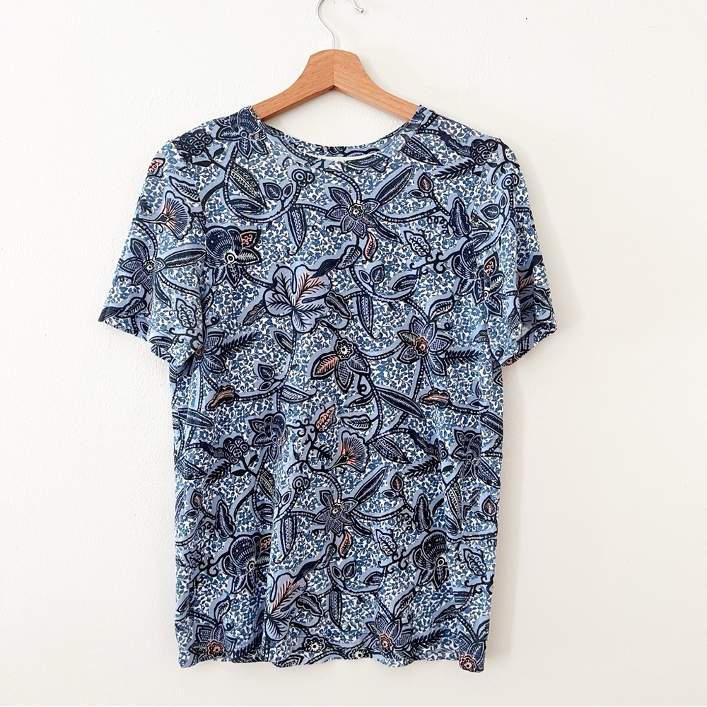 Tory Burch Blue Floral Pima Cotton Short Sleeve T-Shirt Size Small.